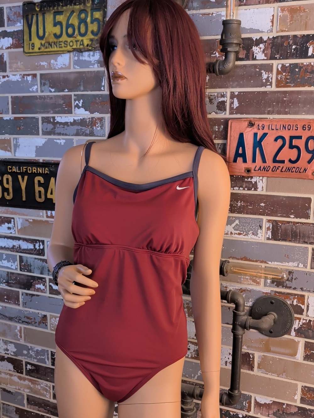 Nike Size 16 Burgundy One-Piece Swimsuit with Gray Trim
